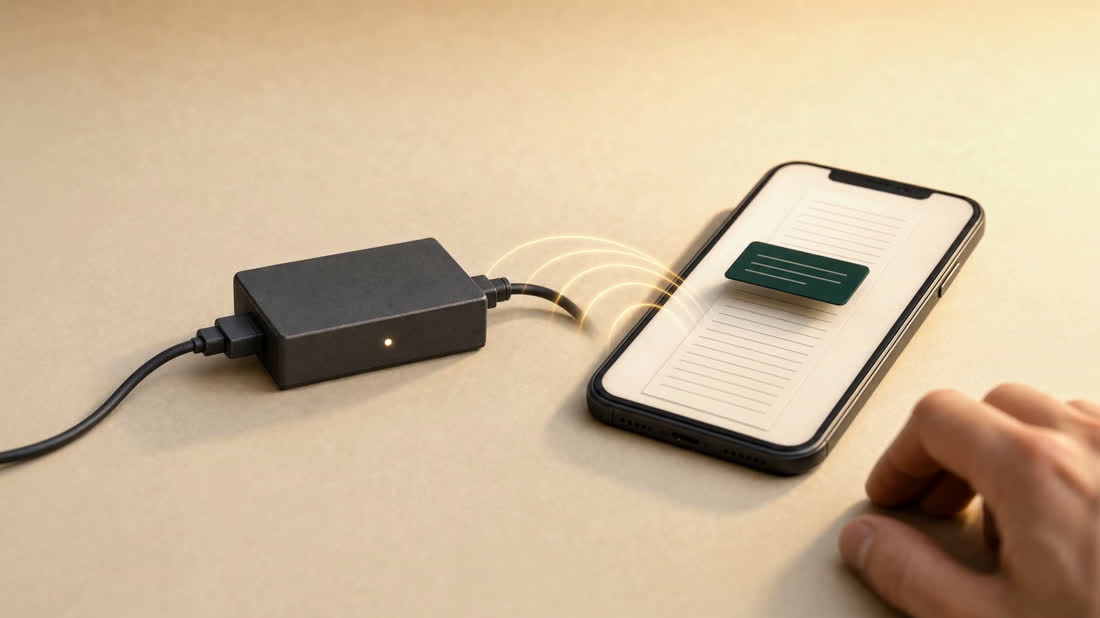 The flat Tapworth terminal on a table beside a phone. Arcs of gold light travel from the terminal to the phone, whose screen shows an itemised paper receipt with a notification panel above it.