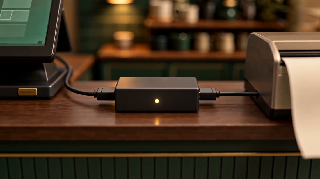 The flat matte dark Tapworth terminal lying on a cafe's walnut counter, a cable running in from the till on the left and out to the receipt printer on the right, which has pale paper feeding from it.